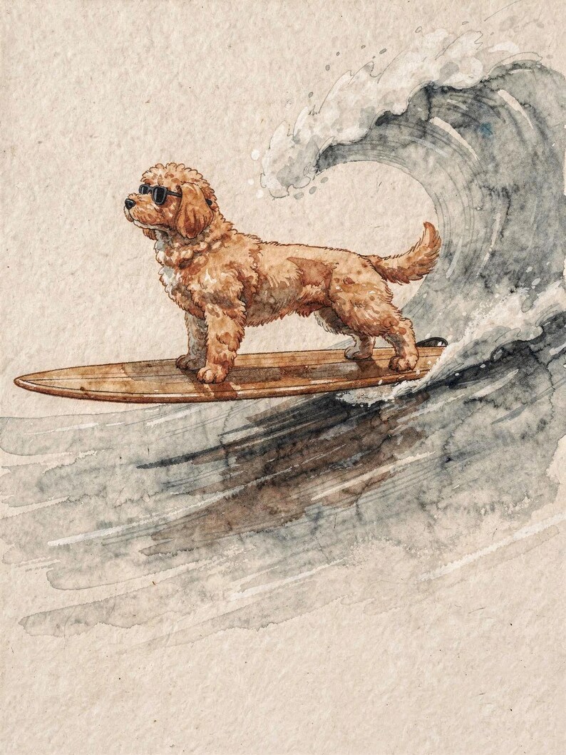 Goldendoodle Surfing Art Print