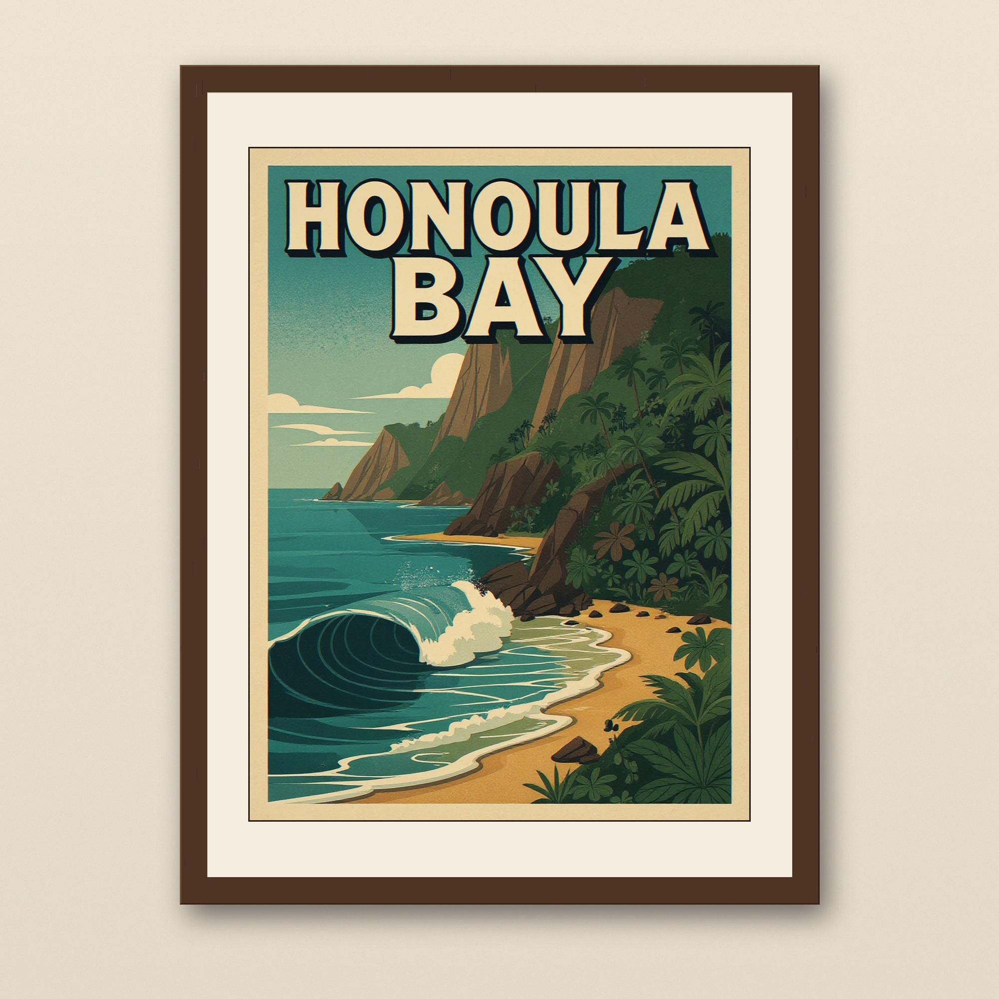 Honolua Bay Surf Poster - walnut framed art print with cream mat on plaster wall
