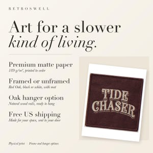RetroSwell print details for Tide Chaser Patch: premium 189 g/m² matte paper, framed or unframed, oak hanger option, free US shipping.