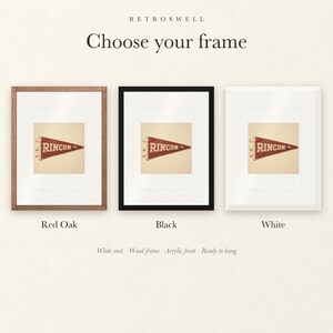 Frame options for Rincon Surf Pennant: Red Oak, black and white wood frames, each with a white mat.