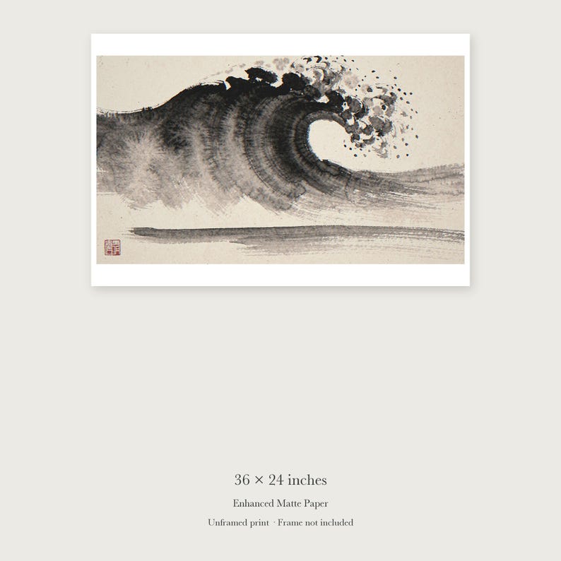 Crashing Wave Xieyi Ink unframed 36 by 24 inch print on enhanced matte paper, shown with its white paper border.