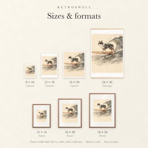 Sizes and formats for Australian Shepherd Surfing, shown to scale: unframed prints, oak hanger and framed prints.