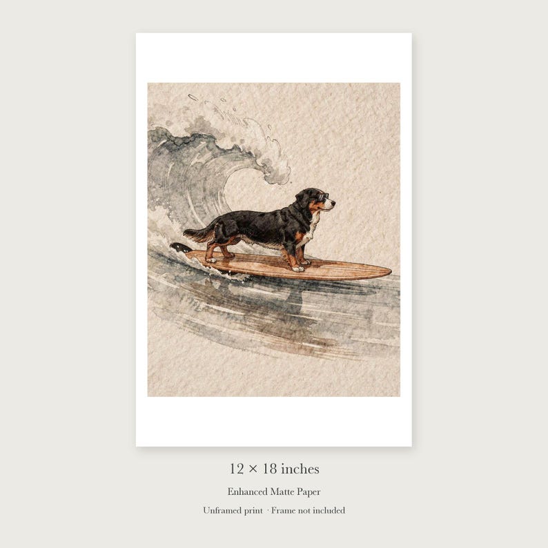 Bernese Mountain Dog Surfing unframed 12 by 18 inch print on enhanced matte paper, shown with its white paper border.