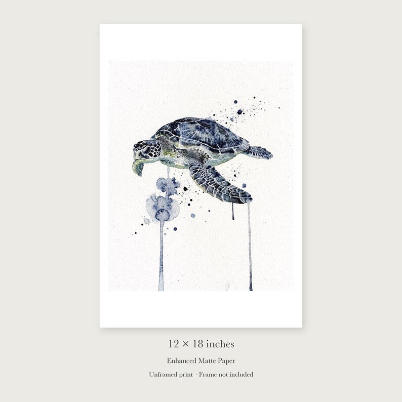 Sea Turtle Watercolor unframed 12 by 18 inch print on enhanced matte paper, shown with its white paper border.
