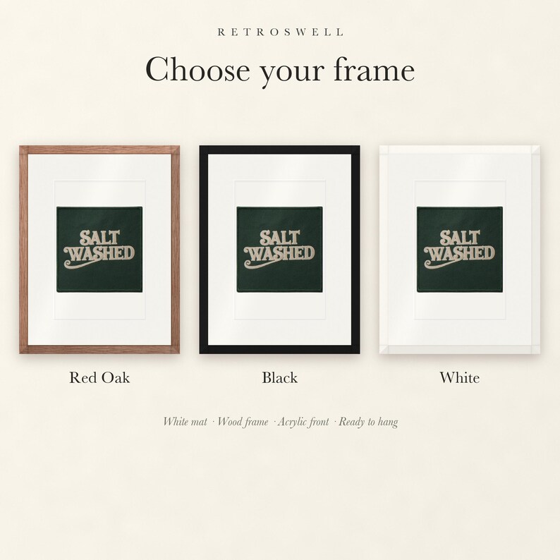 Frame options for Salt Washed Patch: Red Oak, black and white wood frames, each with a white mat.