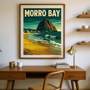 Morro Bay California Surf Poster framed in a home office setting