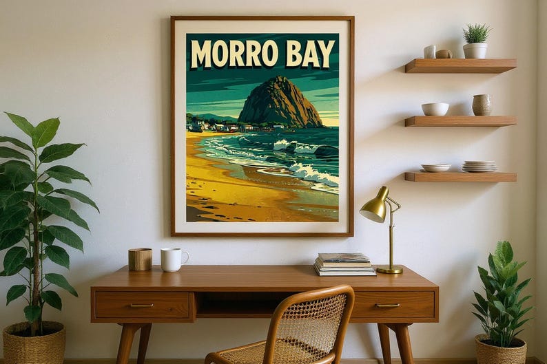 Morro Bay California Surf Poster framed in a home office setting