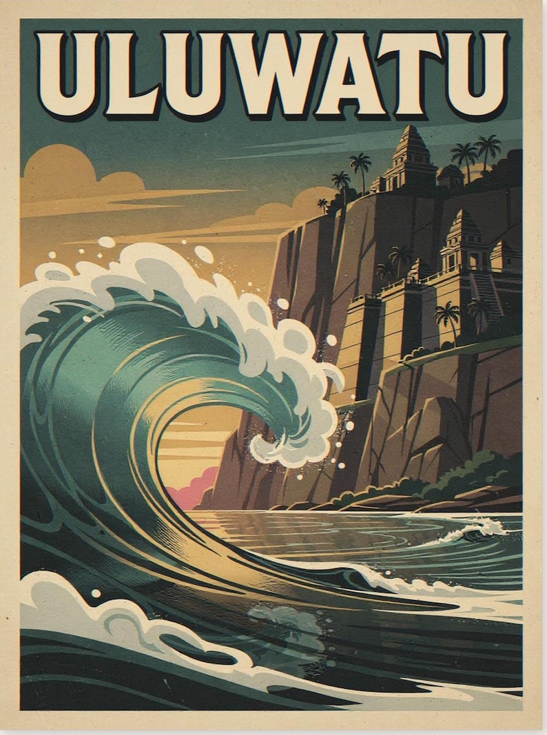 Uluwatu Bali Surf Travel Poster, Framed or Unframed Vintage Style Coastal Print image 10