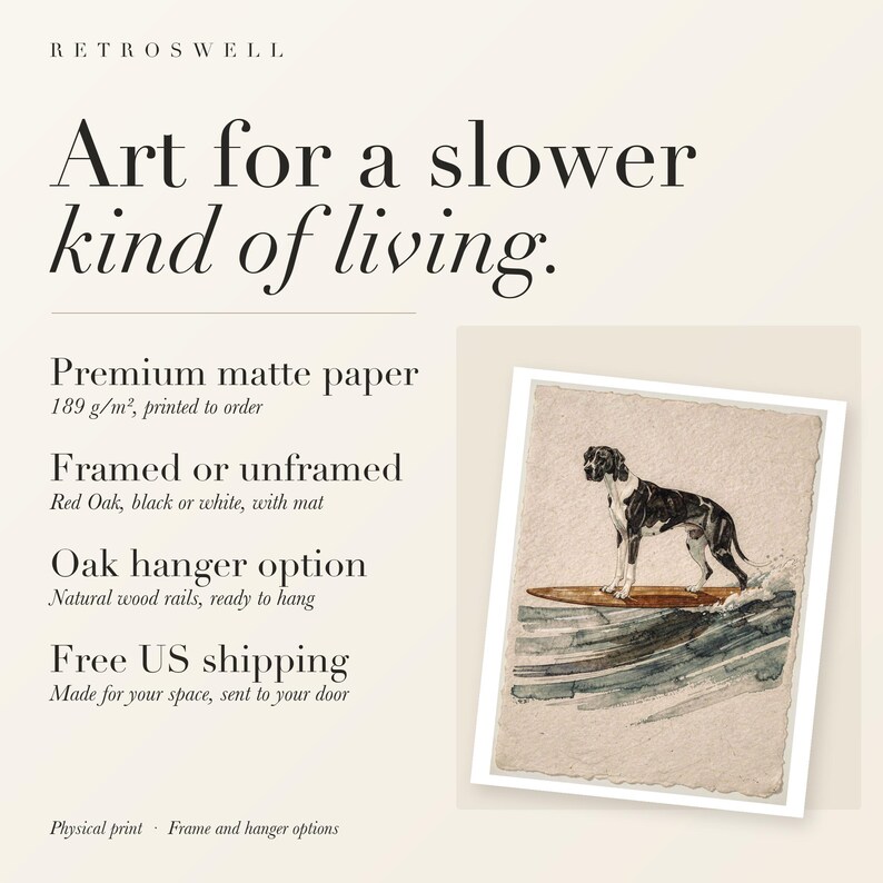 RetroSwell print details for Great Dane Surfing: premium 189 g/m² matte paper, framed or unframed, oak hanger option, free US shipping.