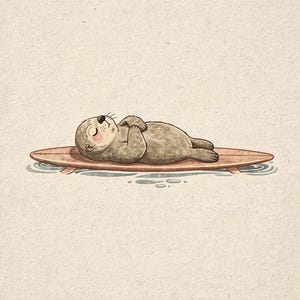 Lámina con diseño de nutria marina y tabla de surf, arte infantil de nutria adorable, decoración costera para habitaciones infantiles, ilustración de animales de playa, descarga digital de arte mural imprimible. imagen 2