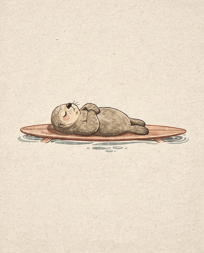 Lámina con diseño de nutria marina y tabla de surf, arte infantil de nutria adorable, decoración costera para habitaciones infantiles, ilustración de animales de playa, descarga digital de arte mural imprimible. imagen 2