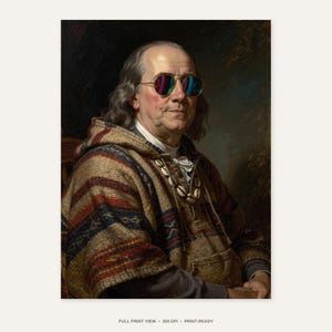 Benjamin Franklin Surfing Print - full unframed print view, 300 DPI print-ready quality