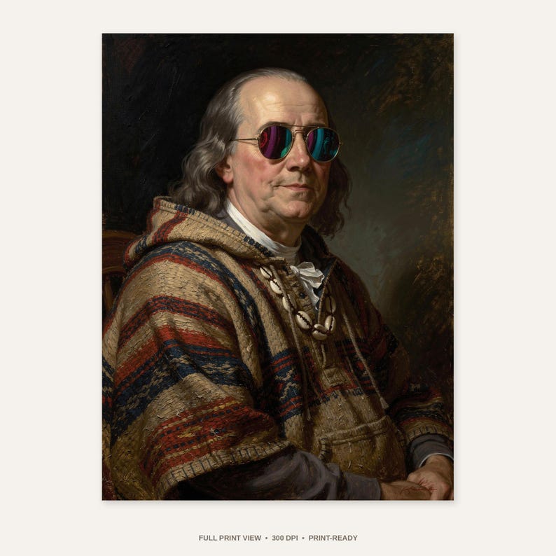 Benjamin Franklin Surfing Print - full unframed print view, 300 DPI print-ready quality