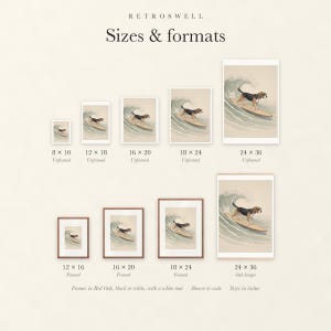 Sizes and formats for Beagle Surfing, shown to scale: unframed prints from 8 by 10 to 24 by 36 inches, oak hanger and framed prints.