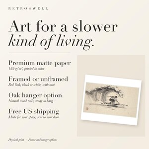 RetroSwell print details for Surfer Cutback Xieyi Ink: premium 189 g/m² matte paper, framed or unframed, oak hanger option, free US shipping.