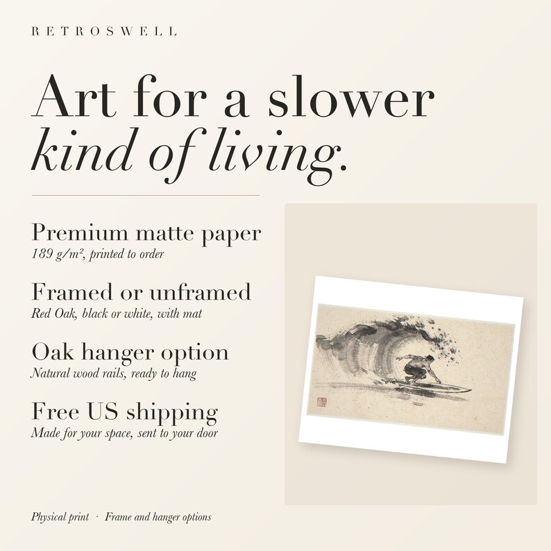 RetroSwell print details for Surfer Cutback Xieyi Ink: premium 189 g/m² matte paper, framed or unframed, oak hanger option, free US shipping.