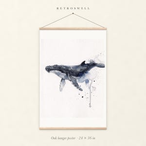 Humpback Whale oak hanger poster, 24 by 36 inches, with natural wood rails and a hanging cord.