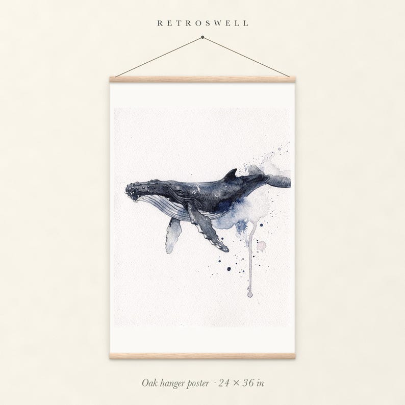 Humpback Whale oak hanger poster, 24 by 36 inches, with natural wood rails and a hanging cord.