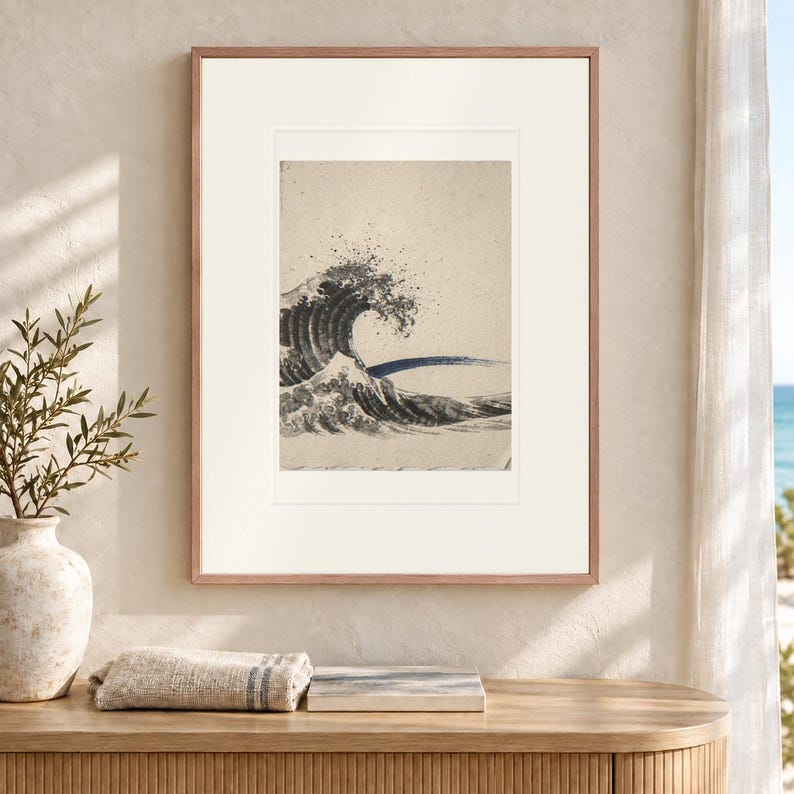 Crashing Wave Ink Style Art Print, Indigo Accent Coastal Poster, Framed or Unframed image 12