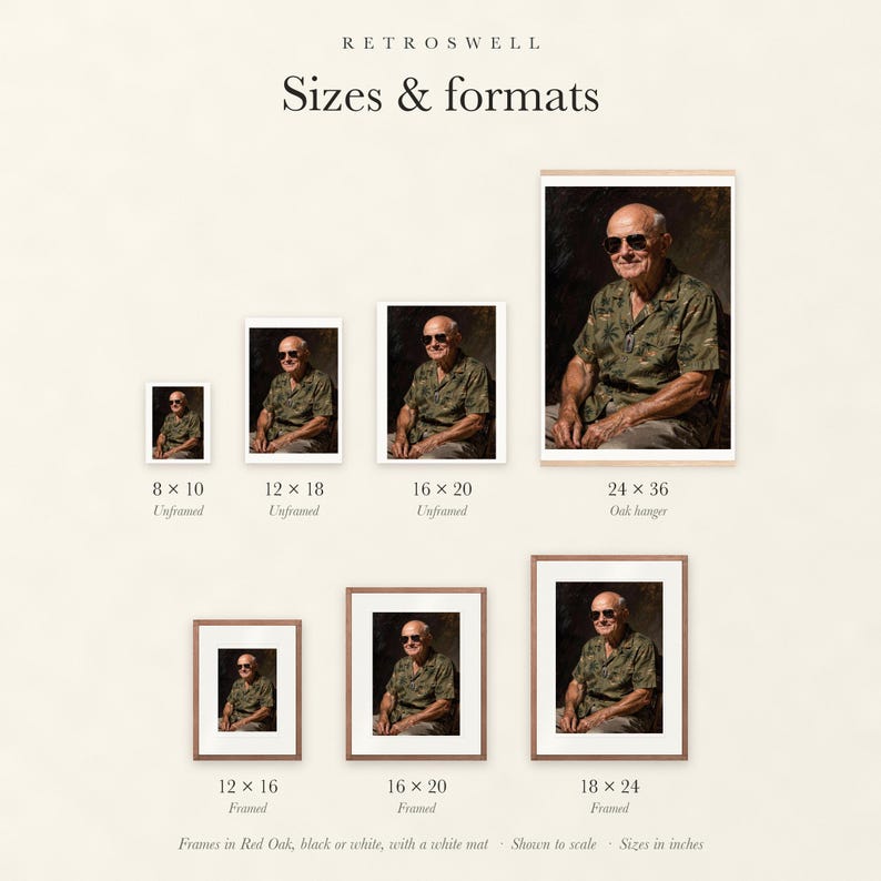 Sizes and formats for Dwight Eisenhower, shown to scale: unframed prints, oak hanger and framed prints.