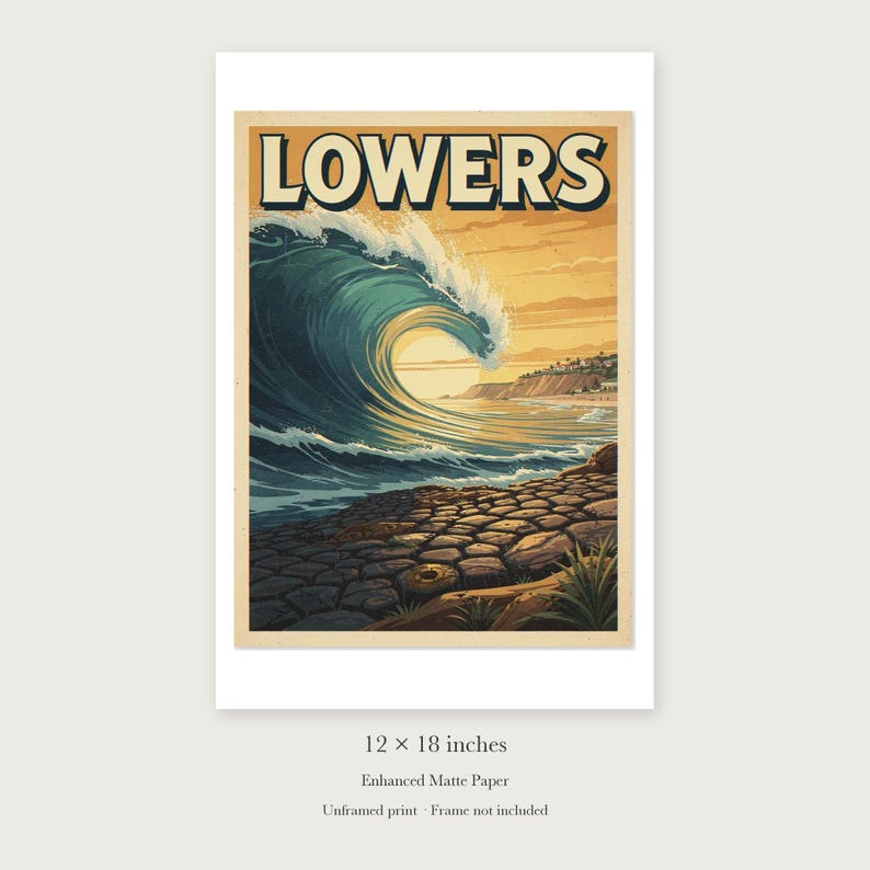 Lowers Trestles Surf unframed 12 by 18 inch print on enhanced matte paper, shown with its white paper border.
