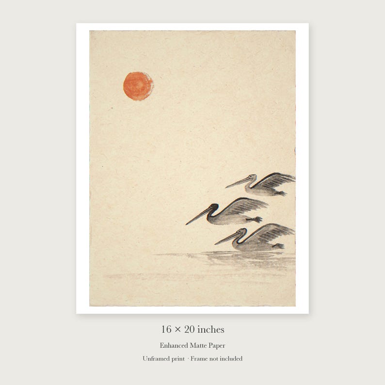 Pelicans Ink Style unframed 16 by 20 inch print on enhanced matte paper, shown with its white paper border.