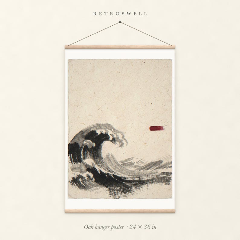 Wave Ink Style oak hanger poster, 24 by 36 inches, with natural wood rails and a hanging cord.