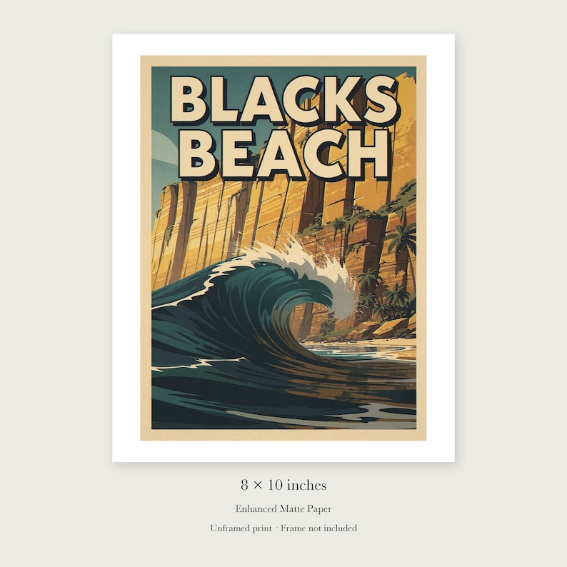 Blacks Beach Surf unframed 8 by 10 inch print on enhanced matte paper, shown with its white paper border.