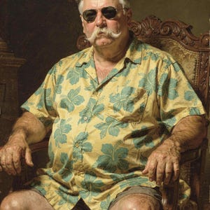 William Howard Taft surfer portrait, full artwork: classical oil-painting style, sunglasses and a Hawaiian shirt.