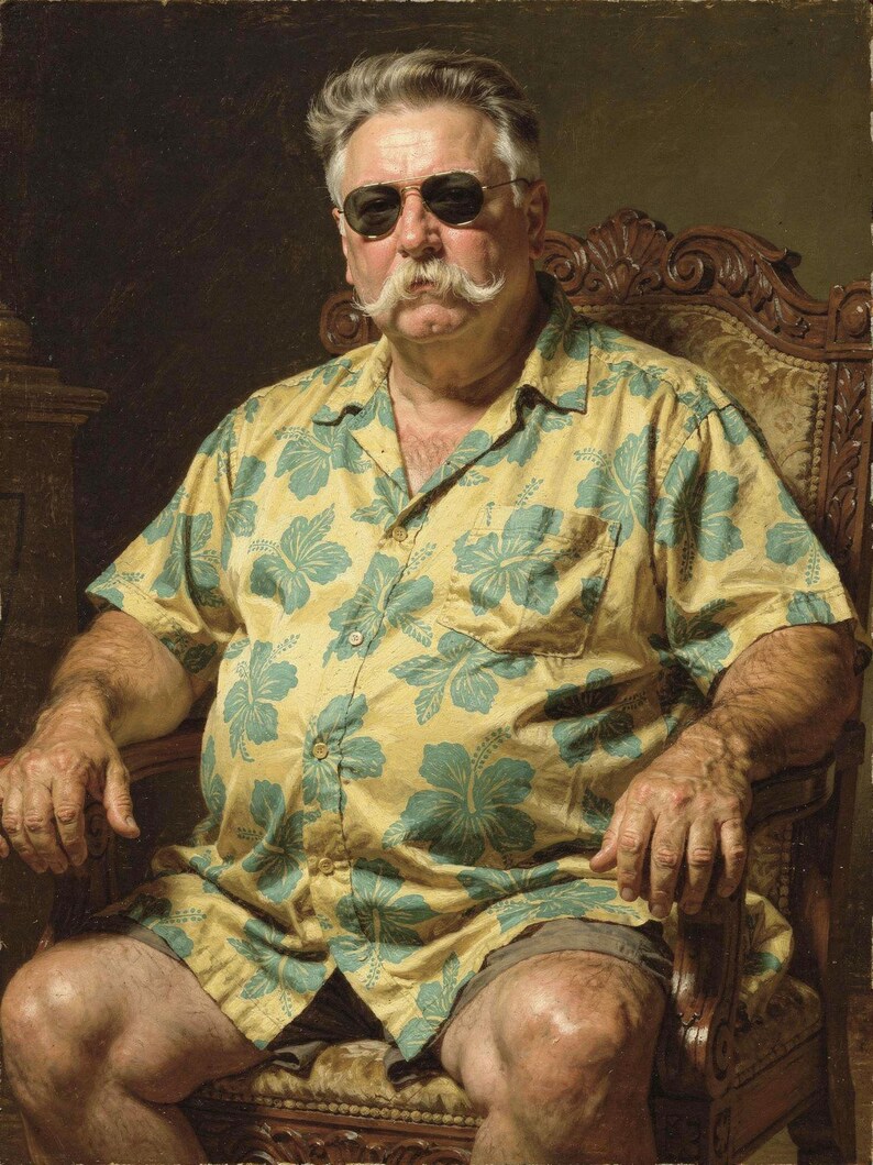 William Howard Taft surfer portrait, full artwork: classical oil-painting style, sunglasses and a Hawaiian shirt.