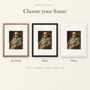 Frame options for Harry S. Truman Surfer: Red Oak, black and white wood frames, each with a white mat.