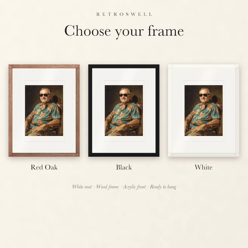 Frame options for Harry S. Truman Surfer: Red Oak, black and white wood frames, each with a white mat.