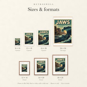 Sizes and formats for Jaws Maui Surf, shown to scale: unframed prints, oak hanger and framed prints.