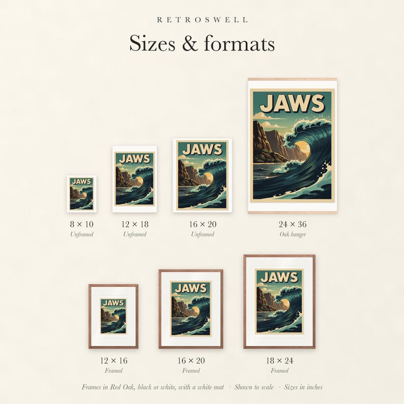 Sizes and formats for Jaws Maui Surf, shown to scale: unframed prints, oak hanger and framed prints.