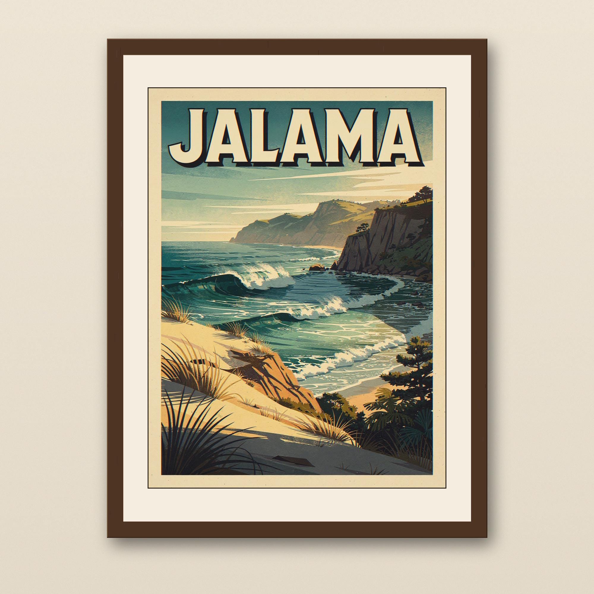 Jalama Beach Surf Poster - walnut framed art print with cream mat on plaster wall