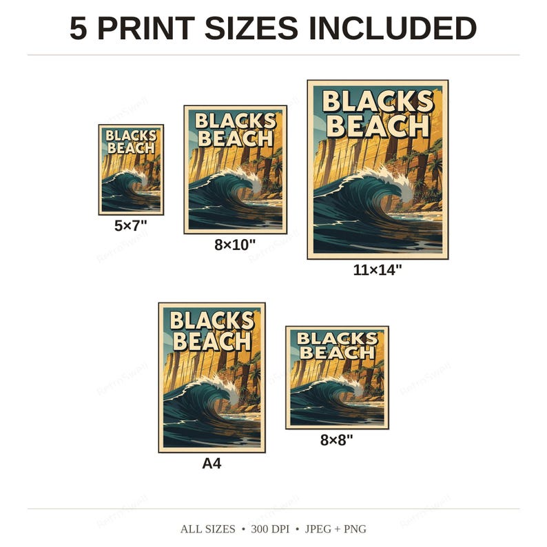 Blacks Beach Surf Poster - available print sizes: 5x7, 8x10, 11x14, A4, and square