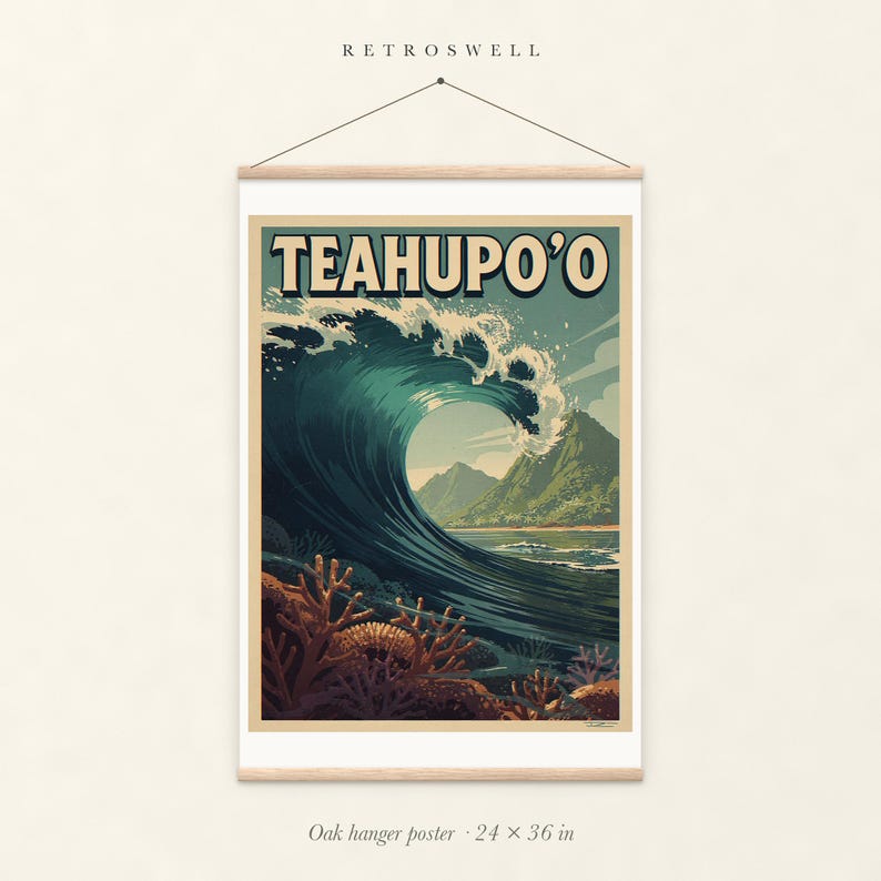 Teahupo'o Surf oak hanger poster, 24 by 36 inches, with natural wood rails and a hanging cord.