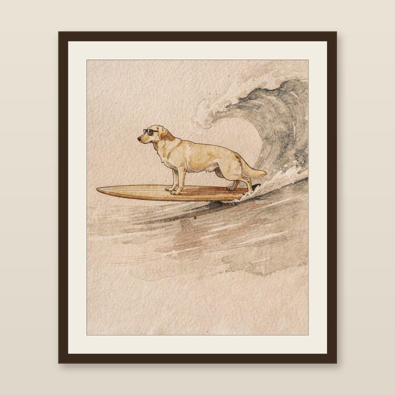 Yellow Labrador Surfing Print, Watercolor Lab Dog on Longboard, Kids Beach Room Decor, Dog Lover Gift, Printable Wall Art Digital Download image 1