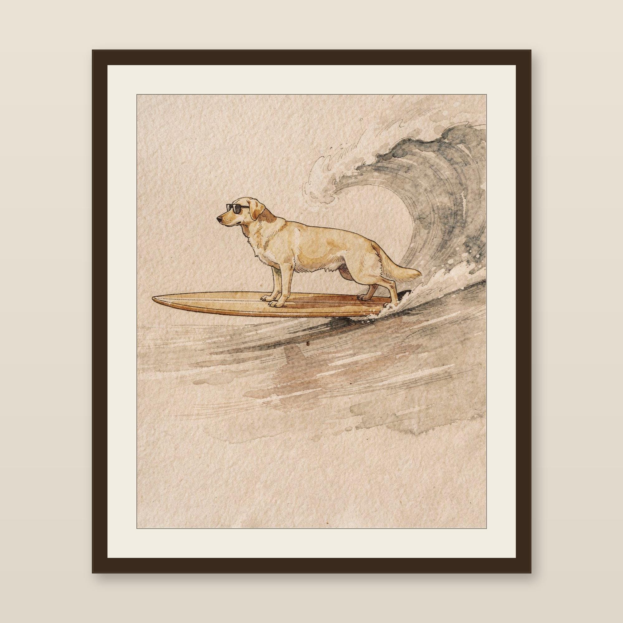 Yellow Labrador Surfing Print, Watercolor Lab Dog on Longboard, Kids Beach Room Decor, Dog Lover Gift, Printable Wall Art Digital Download