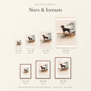 Sizes and formats for Doberman Surfing, shown to scale: unframed prints, oak hanger and framed prints.
