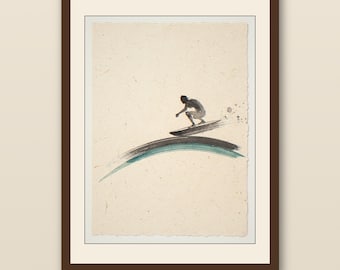Decoratie surfhut | Sumi-e Surfer-kunstafdruk | Vintage poster surfinkt gewassen | Afdrukbare muurkunst digitale download