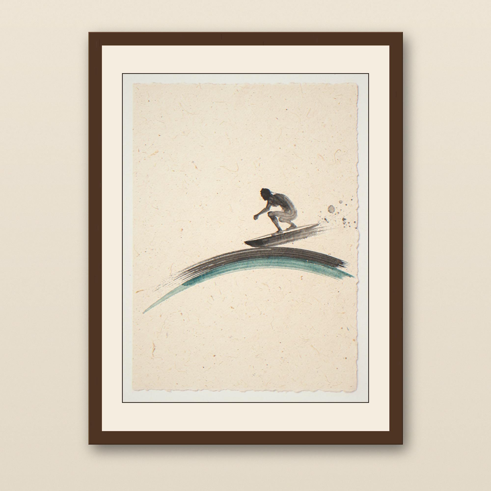 Sumi-e Surfer Cutback with Aqua Accent Print - walnut framed art print with cream mat on plaster wall