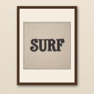 Surf Embroidered Patch Print - walnut framed art print with cream mat on plaster wall