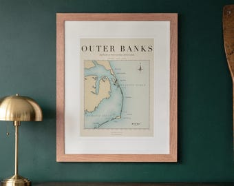 Lámina artística con mapa de surf de Outer Banks, póster vintage de olas de Carolina del Norte con o sin marco.