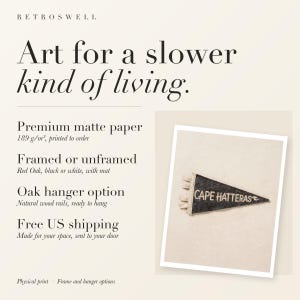 RetroSwell print details for Cape Hatteras, North Carolina Surf Pennant: premium 189 g/m² matte paper, framed or unframed, oak hanger option, free US shipping.