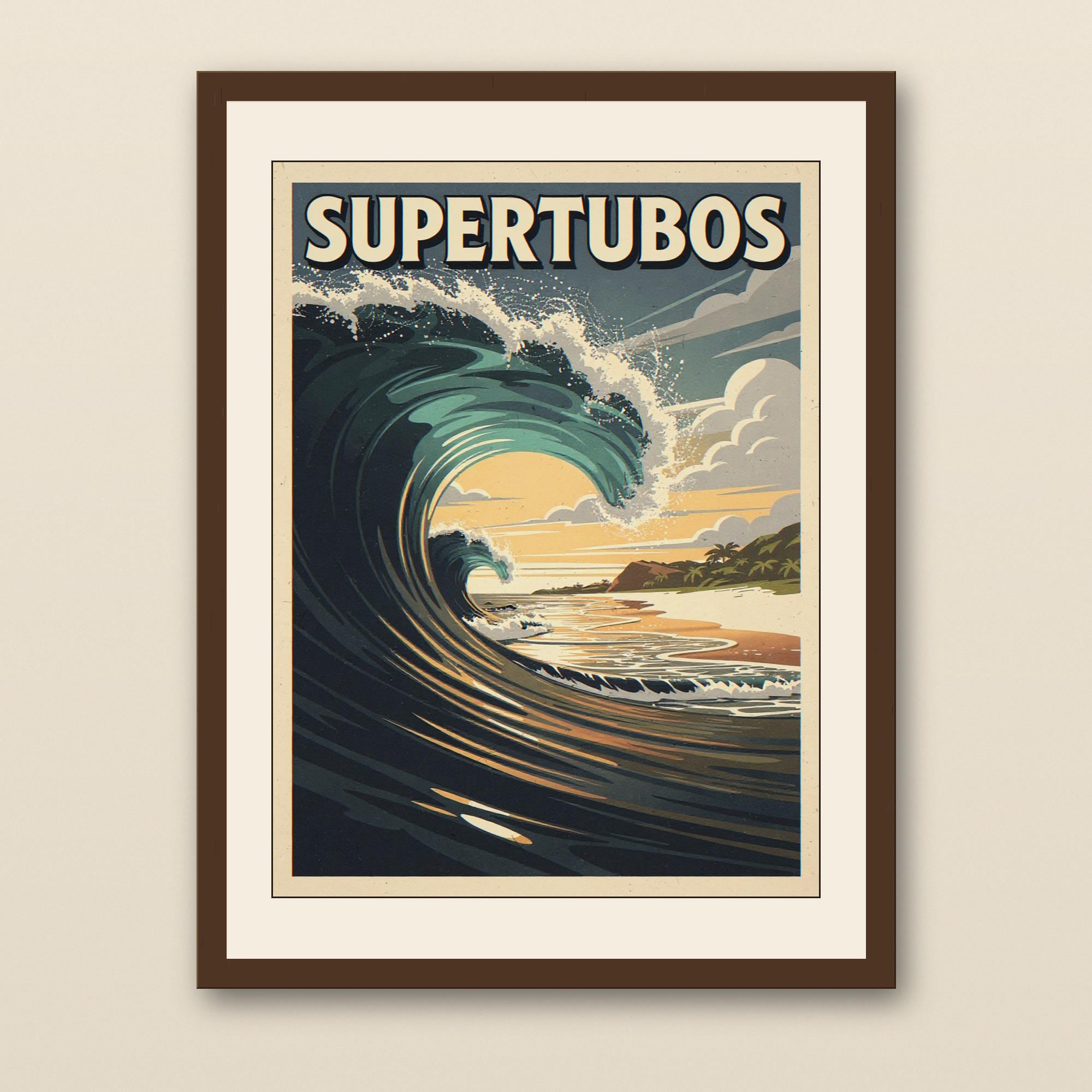 Supertubos Portugal Surf Poster - walnut framed art print with cream mat on plaster wall