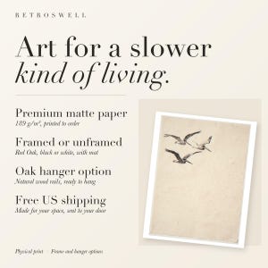 RetroSwell print details for Flying Pelicans Ink Style: premium 189 g/m² matte paper, framed or unframed, oak hanger option, free US shipping.