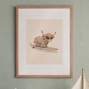 Highland Cow Surfing Art Print, Framed or Unframed Coastal Nursery Poster image 13