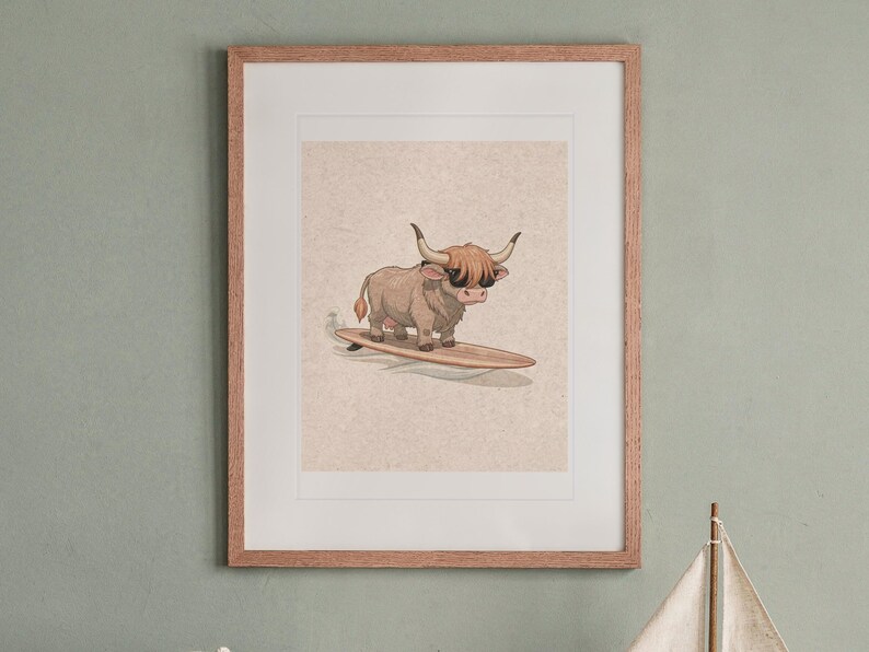 Highland Cow Surfing Art Print, Framed or Unframed Coastal Nursery Poster image 13