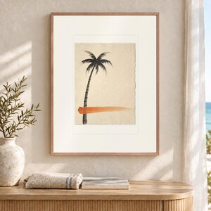 Kunstprint in palmboomstijl met inktmotief, kustposter met oranje accenten, ingelijst of oningelijst. afbeelding 12